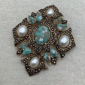 Vintage Sarah Coventry  Brooch with Turquoise and Pearl Accents